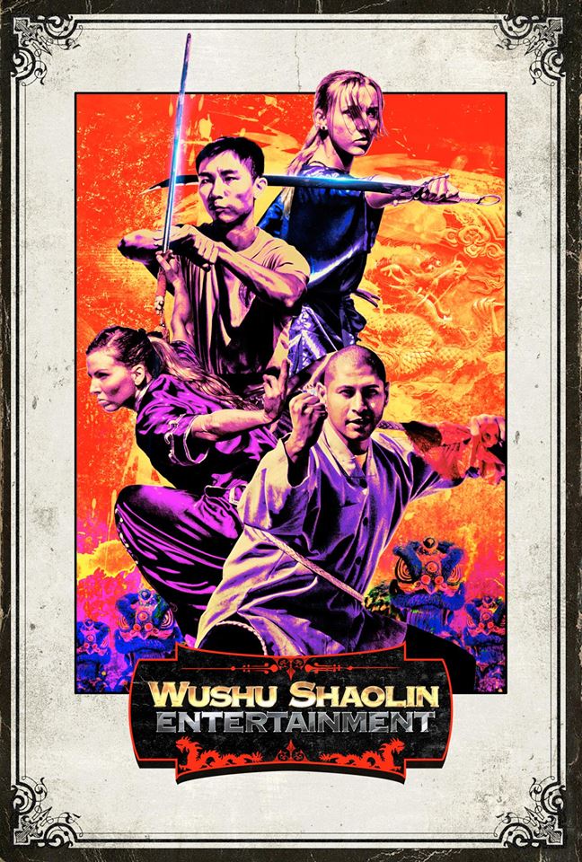Wushu Shaolin Entertainment poster featuring the Los Angeles Wushu Warriors Team in action. 